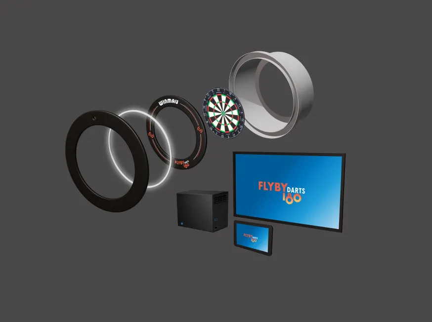 The FLYBY Darts essential kit shown exploded: surround, dartboard, camera ring, media player and screens
